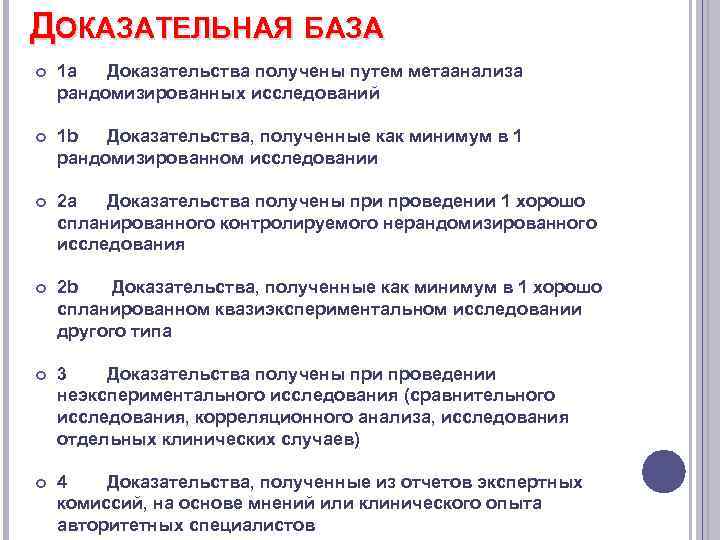 ДОКАЗАТЕЛЬНАЯ БАЗА 1 а Доказательства получены путем метаанализа рандомизированных исследований 1 b Доказательства, полученные