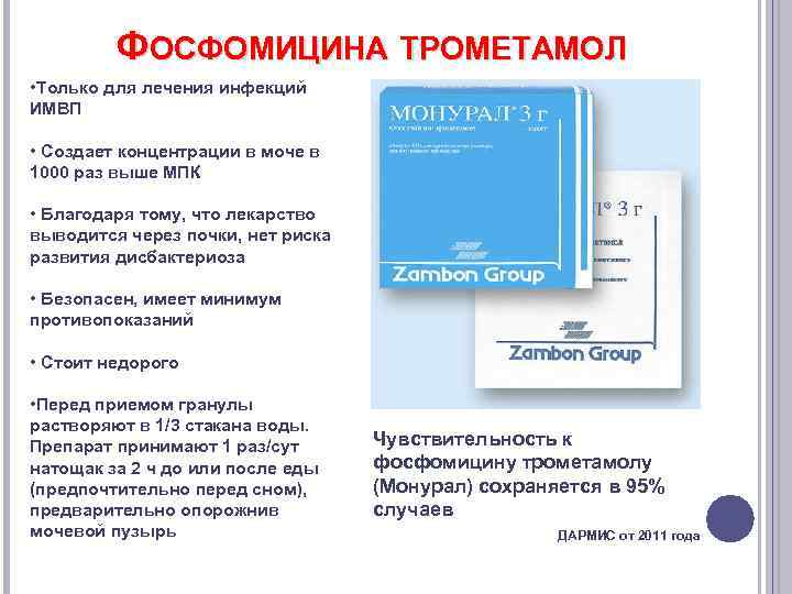 ФОСФОМИЦИНА ТРОМЕТАМОЛ • Только для лечения инфекций ИМВП • Создает концентрации в моче в