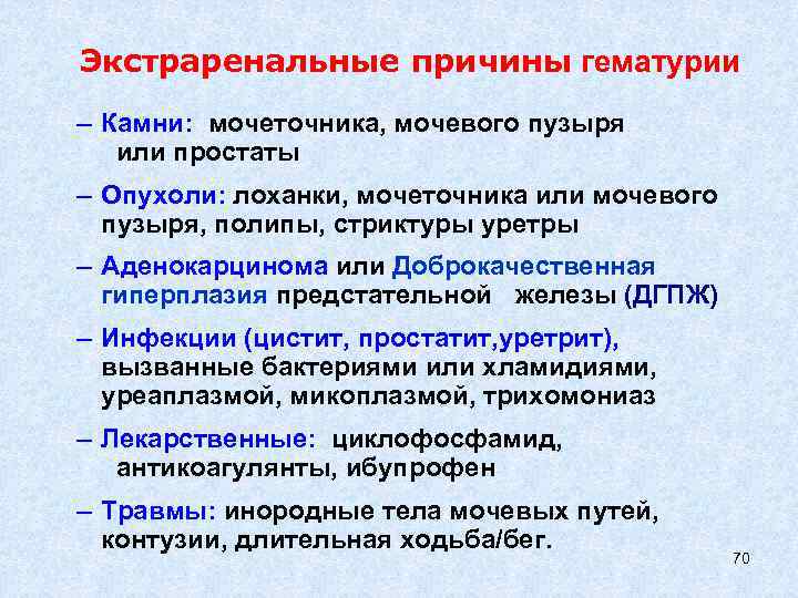 Экстраренальные причины гематурии – Камни: мочеточника, мочевого пузыря или простаты – Опухоли: лоханки, мочеточника