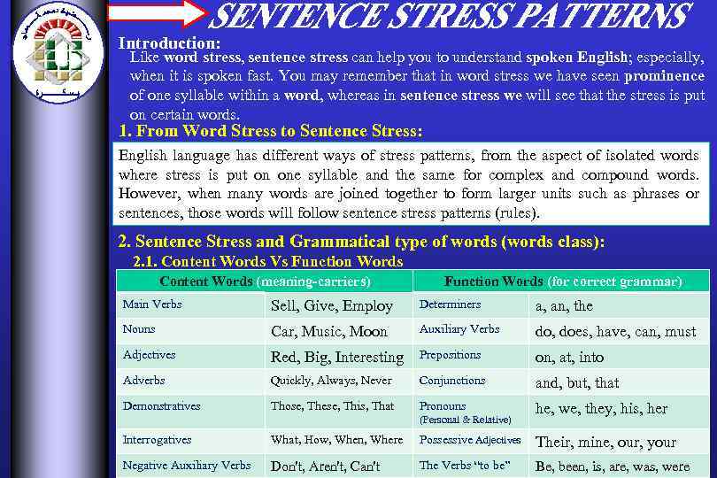 Introduction: Like word stress, sentence stress can help you to understand spoken English; especially,