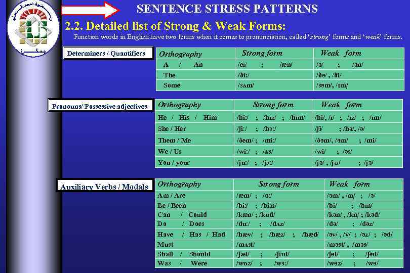  SENTENCE STRESS PATTERNS 2. 2. Detailed list of Strong & Weak Forms: Function