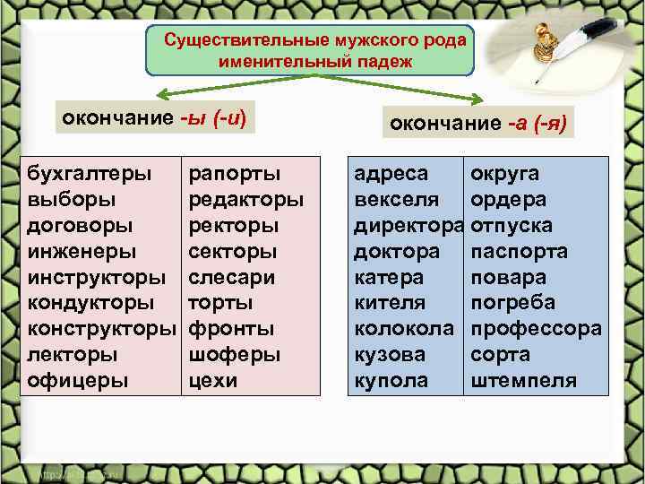 Существительные мужского рода именительный падеж окончание -ы (-и) бухгалтеры выборы договоры инженеры инструкторы кондукторы