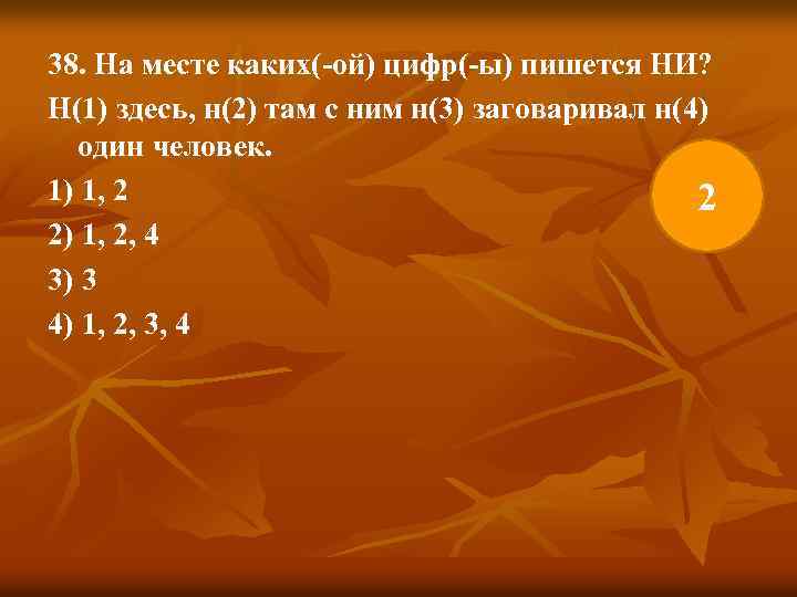 38. На месте каких(-ой) цифр(-ы) пишется НИ? Н(1) здесь, н(2) там с ним н(3)