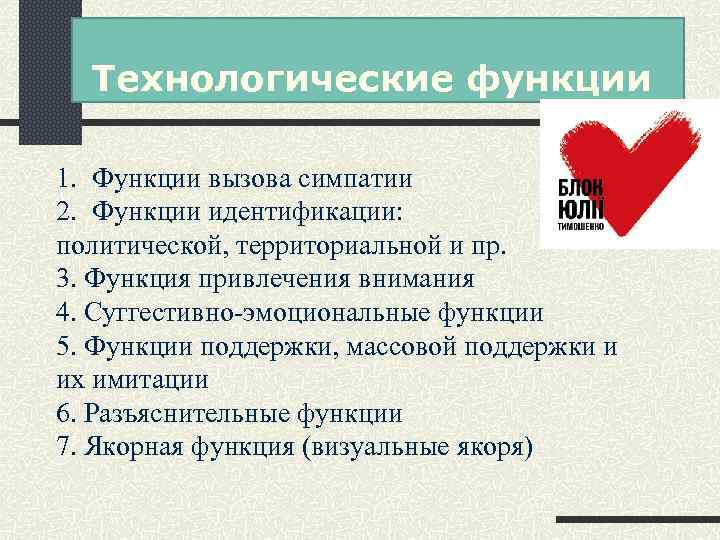 Технологические функции 1. Функции вызова симпатии 2. Функции идентификации: политической, территориальной и пр. 3.