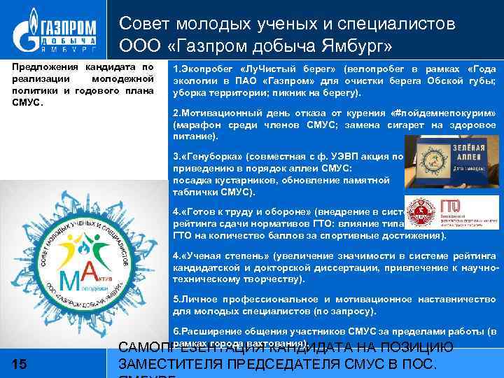 Совет молодых ученых и специалистов ООО «Газпром добыча Ямбург» Предложения кандидата по реализации молодежной