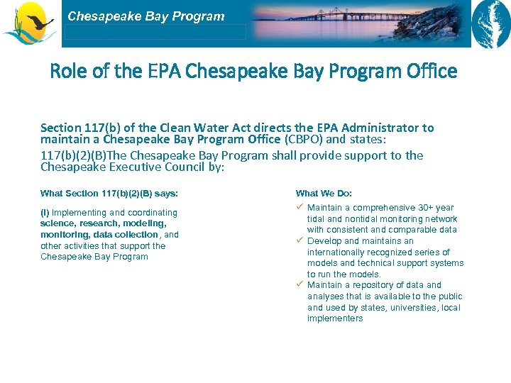Chesapeake Bay Program Role of the EPA Chesapeake Bay Program Office Section 117(b) of