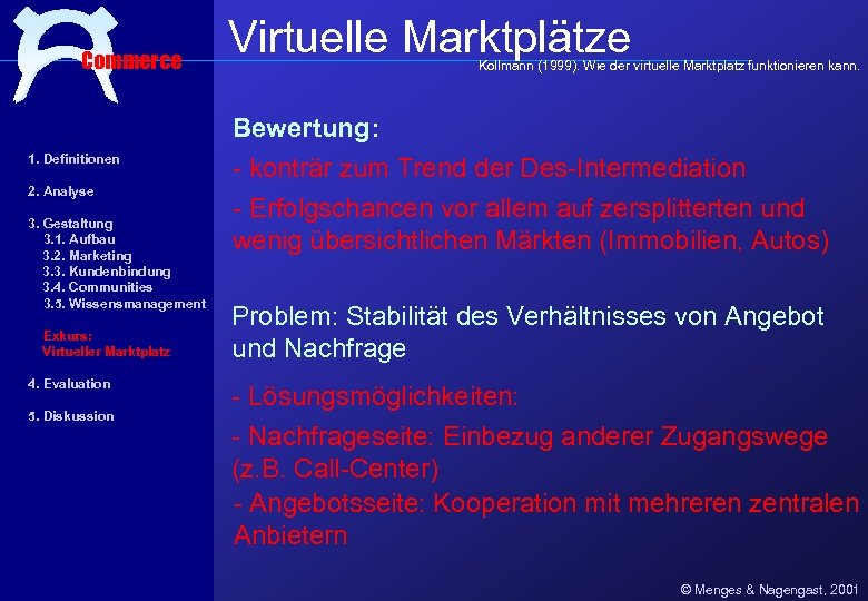 Commerce Virtuelle Marktplätze Kollmann (1999). Wie der virtuelle Marktplatz funktionieren kann. Bewertung: 1. Definitionen