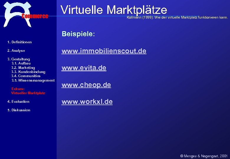 Commerce Virtuelle Marktplätze Kollmann (1999). Wie der virtuelle Marktplatz funktionieren kann. Beispiele: 1. Definitionen