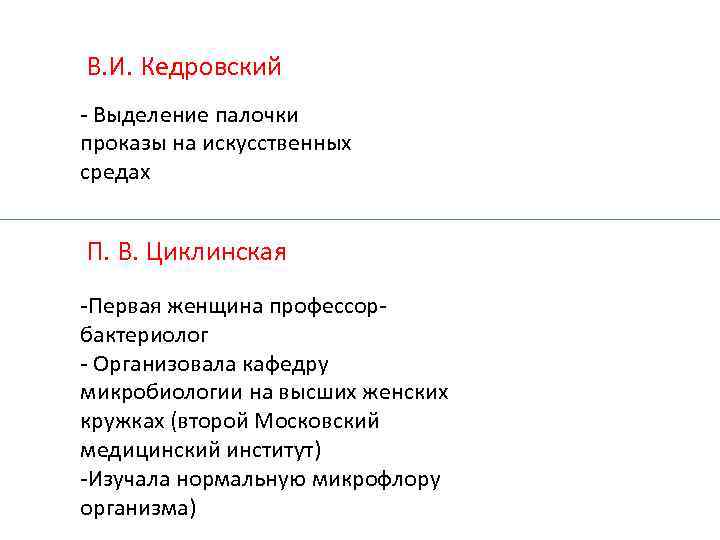 В. И. Кедровский - Выделение палочки проказы на искусственных средах П. В. Циклинская -Первая