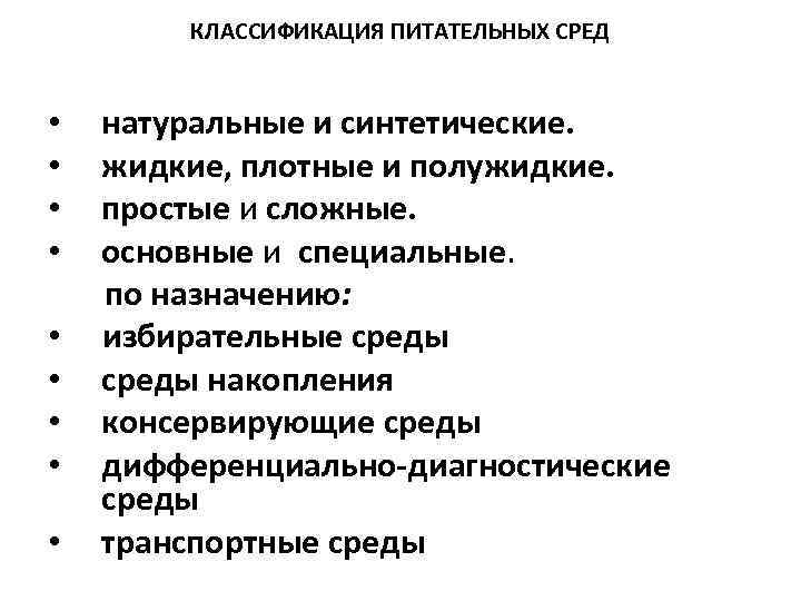 КЛАССИФИКАЦИЯ ПИТАТЕЛЬНЫХ СРЕД • • • натуральные и синтетические. жидкие, плотные и полужидкие. простые