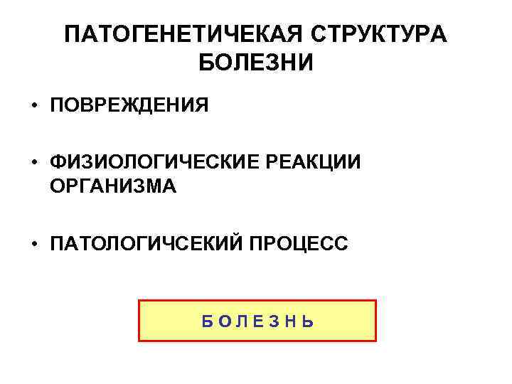ПАТОГЕНЕТИЧЕКАЯ СТРУКТУРА БОЛЕЗНИ • ПОВРЕЖДЕНИЯ • ФИЗИОЛОГИЧЕСКИЕ РЕАКЦИИ ОРГАНИЗМА • ПАТОЛОГИЧСЕКИЙ ПРОЦЕСС БОЛЕЗНЬ 