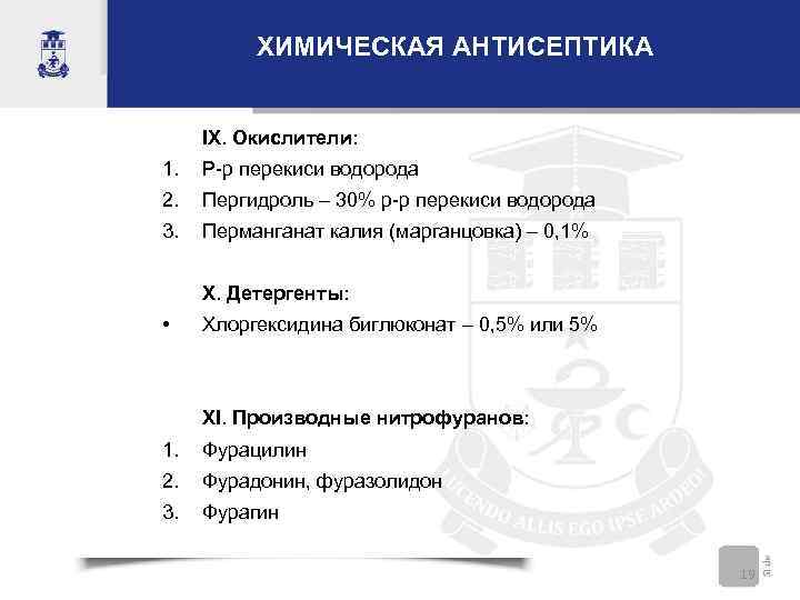 ХИМИЧЕСКАЯ АНТИСЕПТИКА IX. Окислители: 1. Р-р перекиси водорода 2. Пергидроль – 30% р-р перекиси