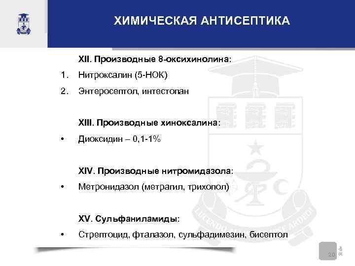 ХИМИЧЕСКАЯ АНТИСЕПТИКА XII. Производные 8 -оксихинолина: 1. Нитроксалин (5 -НОК) 2. Энтеросептол, интестопан XIII.