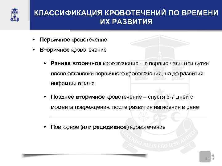КЛАССИФИКАЦИЯ КРОВОТЕЧЕНИЙ ПО ВРЕМЕНИ ИХ РАЗВИТИЯ • Первичное кровотечение • Вторичное кровотечение • Раннее