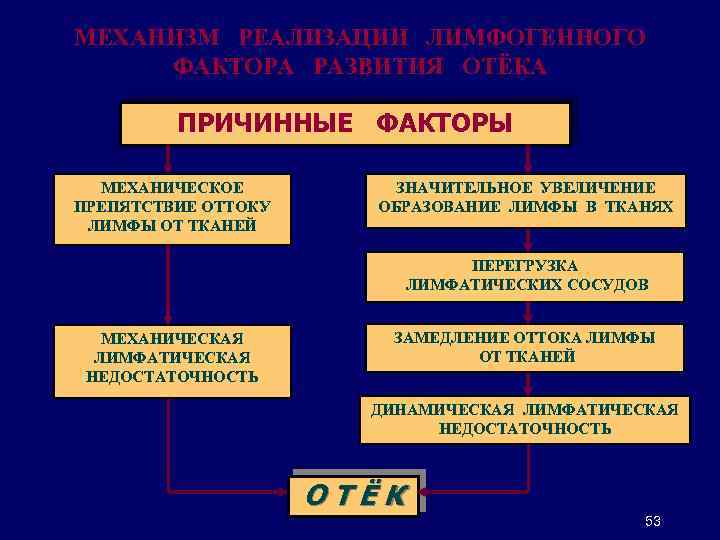 МЕХАНИЗМ РЕАЛИЗАЦИИ ЛИМФОГЕННОГО ФАКТОРА РАЗВИТИЯ ОТЁКА ПРИЧИННЫЕ ФАКТОРЫ МЕХАНИЧЕСКОЕ ПРЕПЯТСТВИЕ ОТТОКУ ЛИМФЫ ОТ ТКАНЕЙ