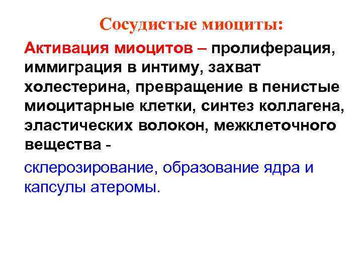 Сосудистые миоциты: Активация миоцитов – пролиферация, иммиграция в интиму, захват холестерина, превращение в пенистые