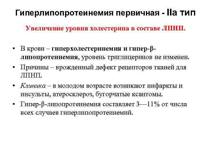 Гиперлипопротеинемия первичная - IIа тип Увеличение уровня холестерина в составе ЛПНП. • В крови