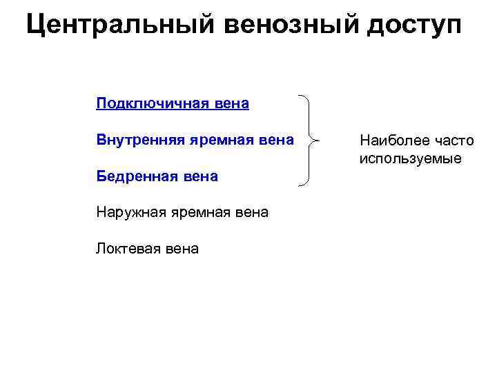 Центральный венозный доступ Подключичная вена Внутренняя яремная вена Наиболее часто используемые Бедренная вена Наружная
