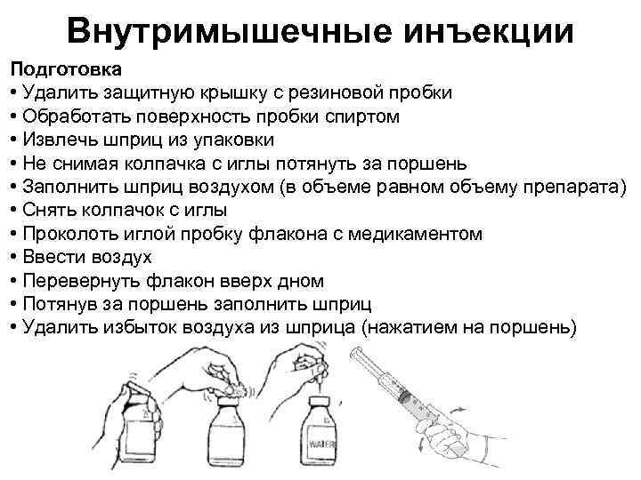 Внутримышечные инъекции Подготовка • Удалить защитную крышку с резиновой пробки • Обработать поверхность пробки