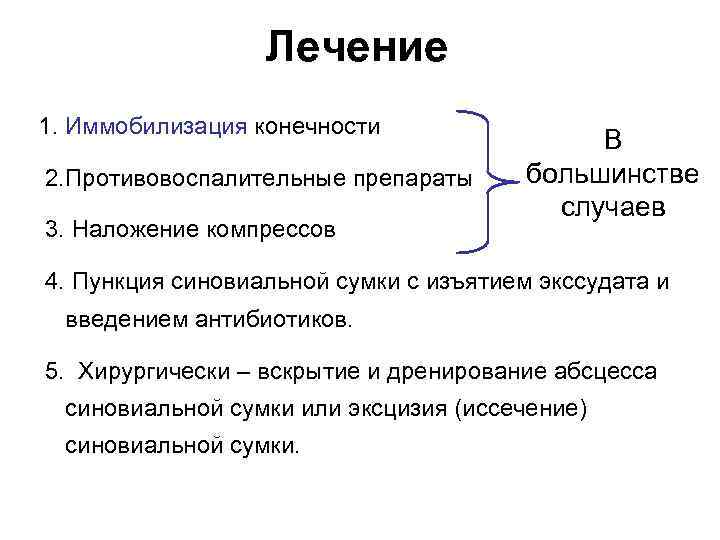 Лечение 1. Иммобилизация конечности 2. Противовоспалительные препараты 3. Наложение компрессов В большинстве случаев 4.