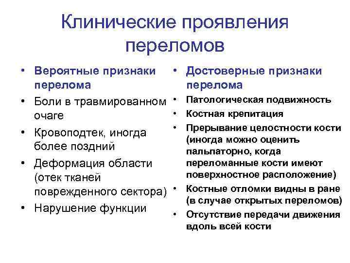 Клинические проявления переломов • Вероятные признаки перелома • Боли в травмированном очаге • Кровоподтек,