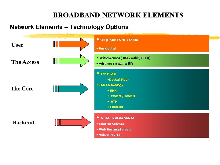 BROADBAND NETWORK ELEMENTS Network Elements – Technology Options User The Access • Corporate /