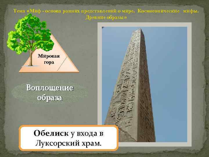 Тема «Миф - основа ранних представлений о мире. Космогонические мифы. Древние образы» Мировая гора