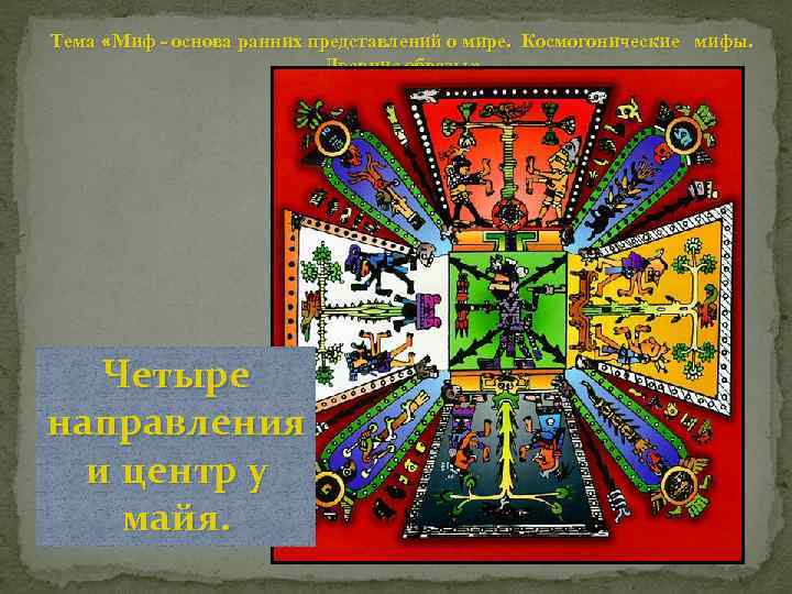 Тема «Миф - основа ранних представлений о мире. Космогонические мифы. Древние образы» Четыре направления