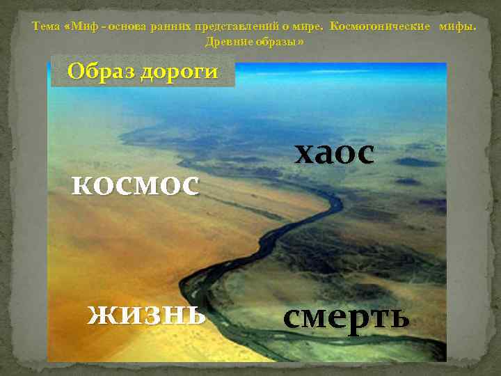 Тема «Миф - основа ранних представлений о мире. Космогонические мифы. Древние образы» Образ дороги