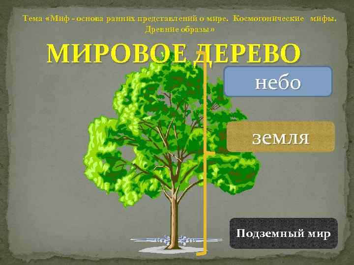 Тема «Миф - основа ранних представлений о мире. Космогонические мифы. Древние образы» МИРОВОЕ ДЕРЕВО