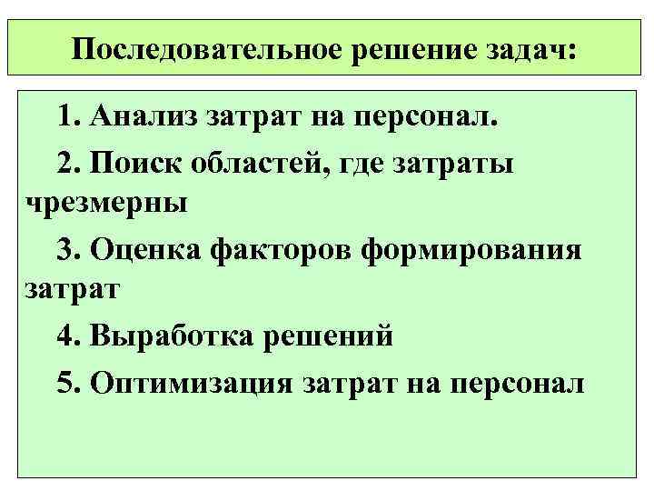 Последовательное решение задач: 1. Анализ затрат на персонал. 2. Поиск областей, где затраты чрезмерны