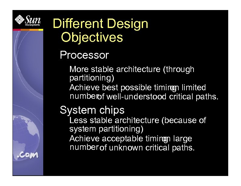 Different Design Objectives Processor More stable architecture (through partitioning) Achieve best possible timing limited