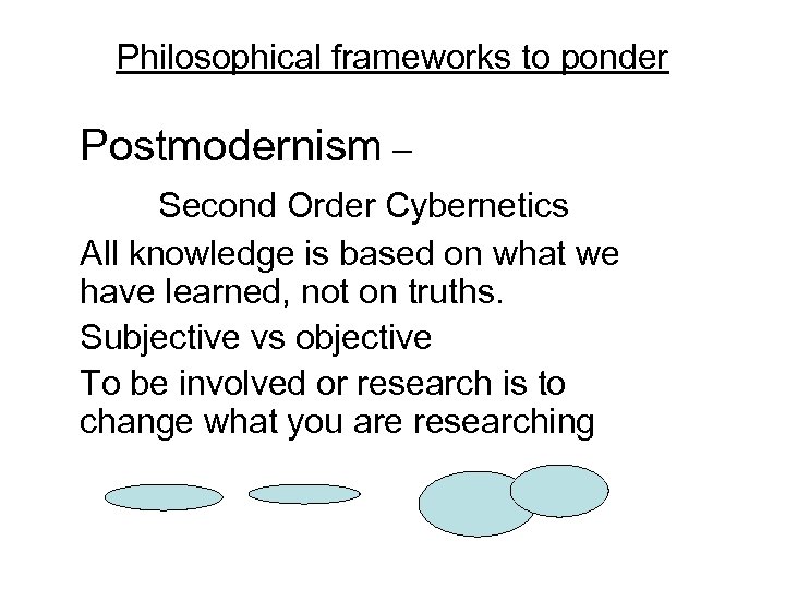 Philosophical frameworks to ponder Postmodernism – Second Order Cybernetics All knowledge is based on