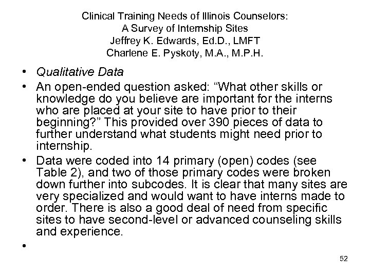 Clinical Training Needs of Illinois Counselors: A Survey of Internship Sites Jeffrey K. Edwards,