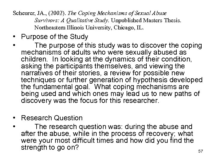 Scheurer, JA. , (2002). The Coping Mechanisms of Sexual Abuse Survivors: A Qualitative Study.
