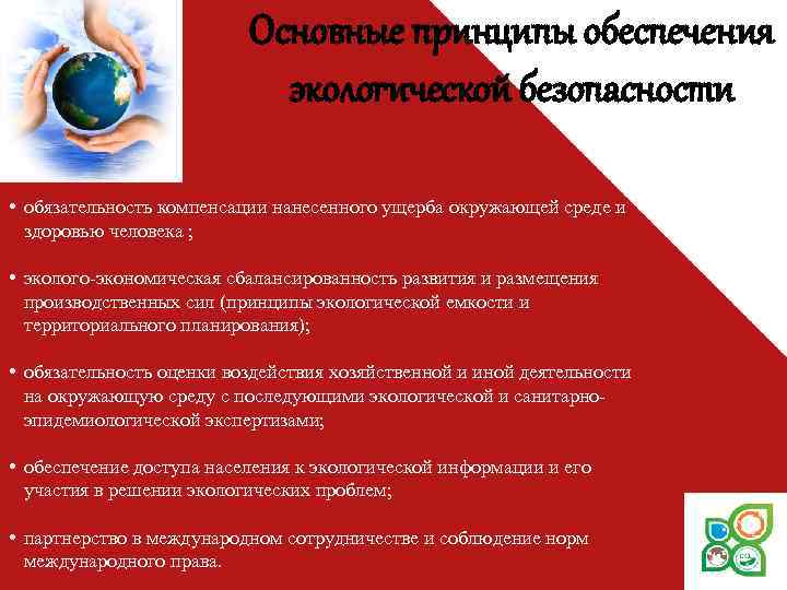 Основные принципы обеспечения экологической безопасности • обязательность компенсации нанесенного ущерба окружающей среде и здоровью