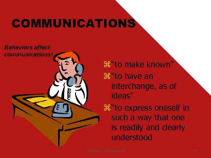 COMMUNICATIONS Behaviors affect communications! z “to make known” z “to have an interchange, as