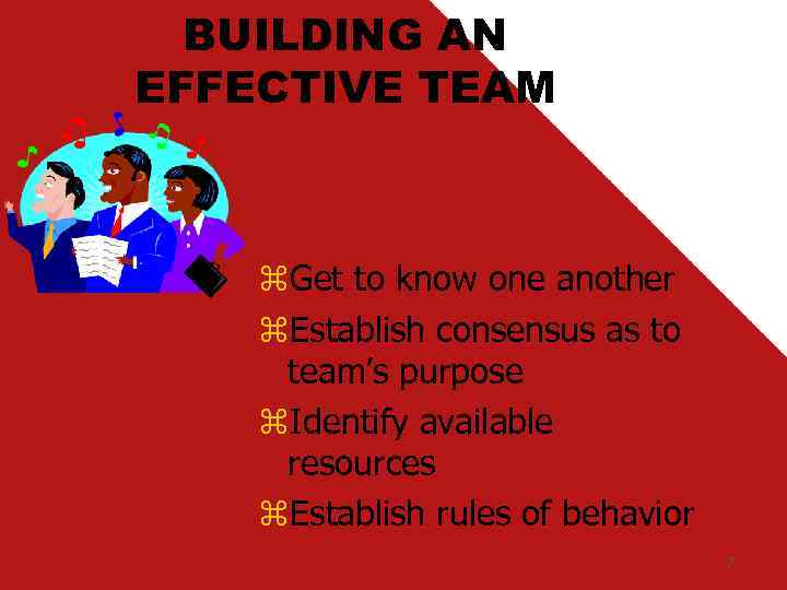 BUILDING AN EFFECTIVE TEAM z. Get to know one another z. Establish consensus as