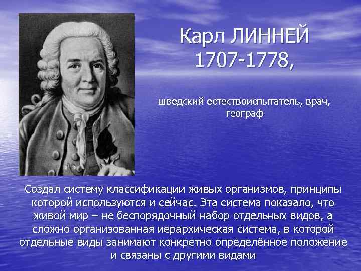 Карл ЛИННЕЙ 1707 -1778, шведский естествоиспытатель, врач, географ Создал систему классификации живых организмов, принципы