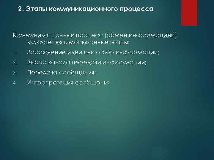 2. Этапы коммуникационного процесса Коммуникационный процесс (обмен информацией) включает взаимосвязанные этапы: 1. Зарождение идеи