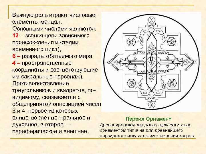 Важную роль играют числовые элементы мандал. Основными числами являются: 12 – звенья цепи зависимого
