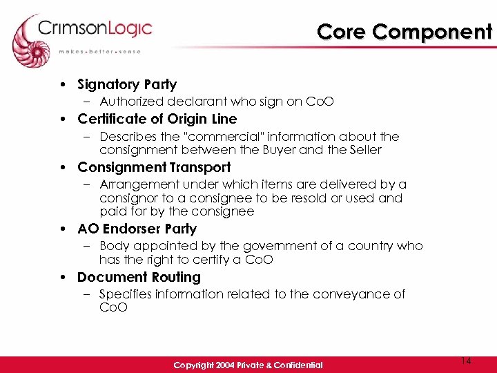 Core Component • Signatory Party – Authorized declarant who sign on Co. O •