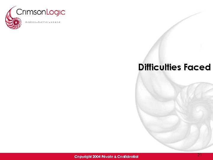 Difficulties Faced Copyright 2004 Private & Confidential 21 