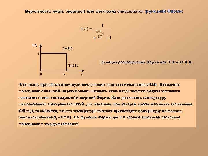 Вероятность иметь энергию для электрона описывается функцией Ферми: f( ) T=0 K 1 Функция