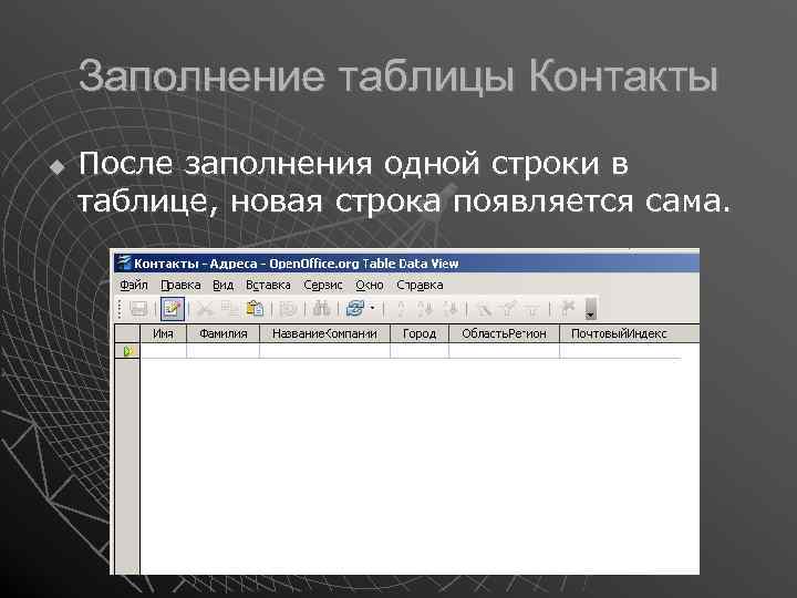 Заполнение таблицы Контакты После заполнения одной строки в таблице, новая строка появляется сама. 