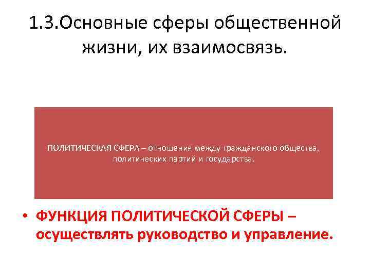 1. 3. Основные сферы общественной жизни, их взаимосвязь. ПОЛИТИЧЕСКАЯ СФЕРА – отношения между гражданского