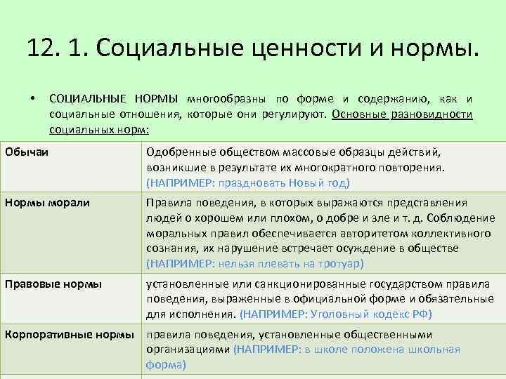 12. 1. Социальные ценности и нормы. • СОЦИАЛЬНЫЕ НОРМЫ многообразны по форме и содержанию,