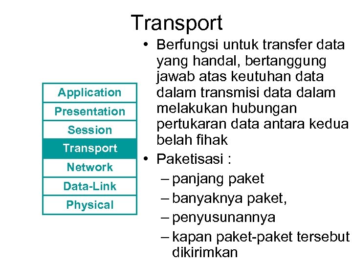 Transport Application Presentation Session Transport Network Data-Link Physical • Berfungsi untuk transfer data yang