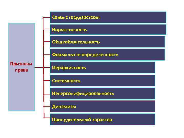 Связь с государством Нормативность Общеобязательность Формальная определенность Признаки права Иерархичность Системность Неперсонифицированность Динамизм Принудительный