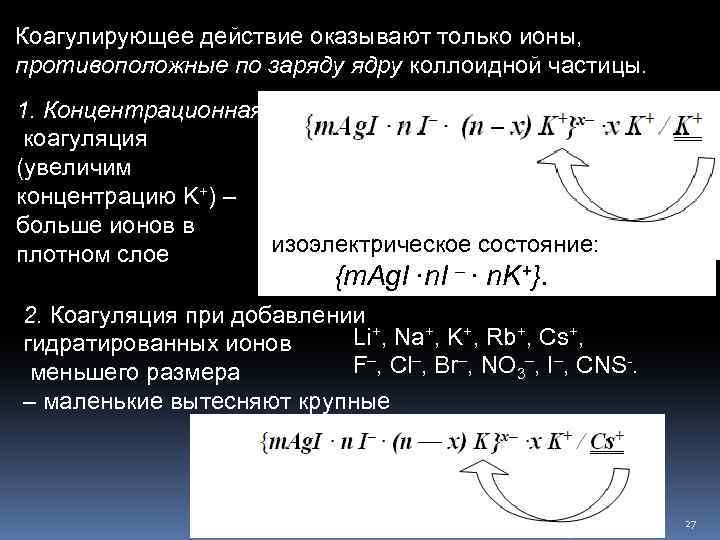 Коагулирующее действие оказывают только ионы, противоположные по заряду ядру коллоидной частицы. 1. Концентрационная коагуляция